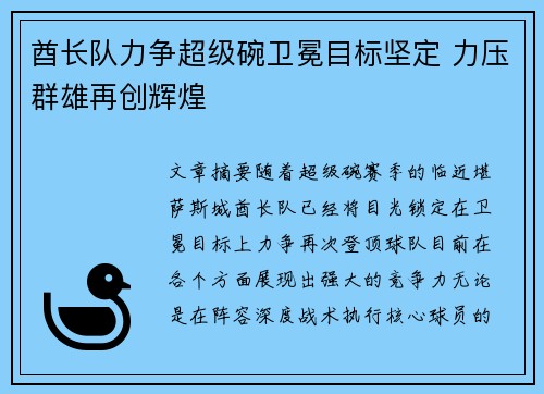 酋长队力争超级碗卫冕目标坚定 力压群雄再创辉煌